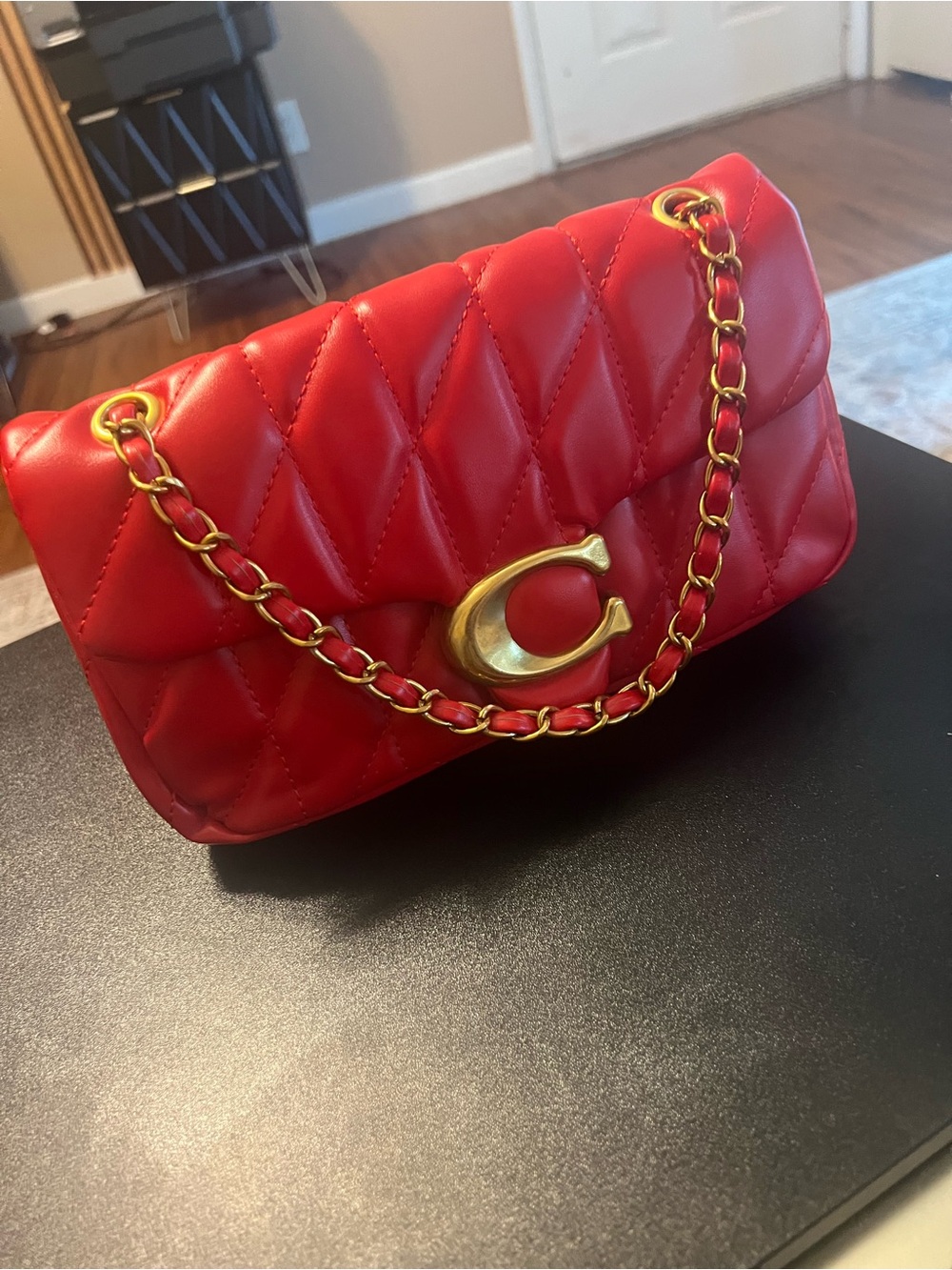 Coach Red Quilted Shoulder Bag with Gold Chain and Turnlock